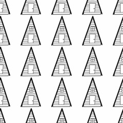 Fototapeta premium Seamless vector pattern of contour houses in doodle style on a white background. The illustration is used for a magazine, book, poster, postcard, web pages.