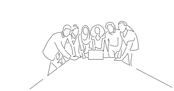 Company work team in line art animation. Video footage of a group of business people working. Black linear video on white background. Animated gif illustration design.