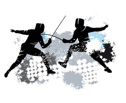 Fencing sport graphic with dynamic background.