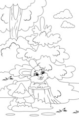 Hare sits on tree stump. Against background of forest. Vector illustration, coloring book.