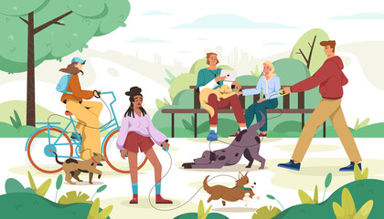 Fototapeta premium Flat people walk with dog on leash in city park. Pet owners with happy cute domestic animal play in outdoors. Young girl ride a bicycle and couple sitting in bench with puppy and reading using gadget.