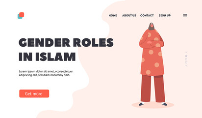 Gender Role in Islam Landing Page Template. Muslim Woman Wear Traditional Arabic Dress. Female Character in Hijab