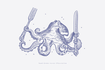 Octopus holds a fork and a knife with its tentacles. Sea creature in vintage engraving style. Retro picture for the menu of fish restaurants, markets and shops. Vector illustration. © KOSIM