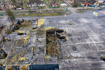 Top view of the destroyed roof of the supermarket. The supermarket was hit by rockets and mines...