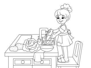 Girl is washing the dishes. Vector illustration, coloring book.