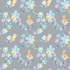 Cute childish seamless pattern with hand drawn cartoon elements. Background with butterflies and flowers for children.