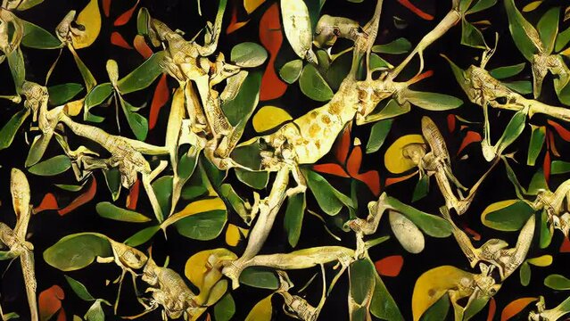 AI generated NFT crypto art of abstract flowers and animal bugs painting. Cubist digital image manipulation of an artificial intelligence.Cyberart travel into the mind concept.