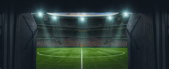 textured soccer game field with entrance to stadium - center, midfield - obrazy, fototapety, plakaty