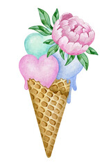 Cute watercolor illustration of ice cream in a waffle cone with three kinds in the shape of hearts and a peony flower