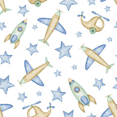 Air transport baby boy watercolor seamless pattern. Hand drawn  wooden toys wrapping paper, nursery boy fabric desing, baby shower decoration texture.