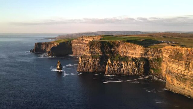 4K aerial footage of the Cliffs of Moher during sunset in the Republic of Ireland