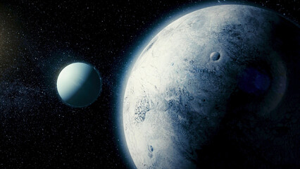 Solar System - Space satellite Ariel. It is the eighth and farthest planet from the Sun in the Solar System. Uranium has 27 known satellites © Media Whale Stock