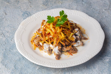 Turkish food; Cokertme Kebab - Beef meat kebab with yoghurt and french fries