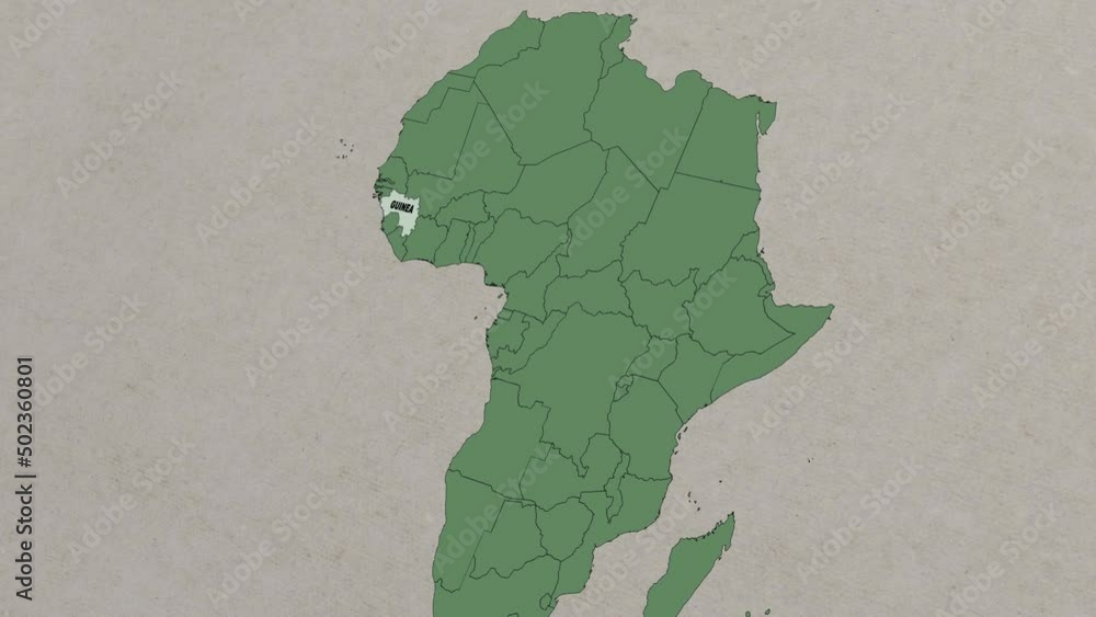 Sticker Map showing Guinea From above zooming in. Guinea map location on Africa map,  borders of Guinea