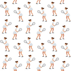 Vector seamless pattern of flat woman girl playing tennis isolated on white background