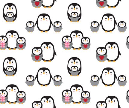 Vector seamless pattern of flat hand drawn penguin mom and baby isolated on white background