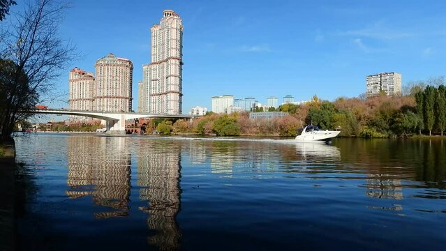 Daytime view of the Moscow river, Great Stroginsky zaton, Russia