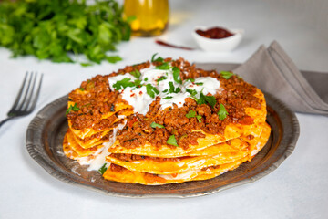Turkish Food Kayseri Yaglama with Minced Meat, Yogurt and Tomato Paste