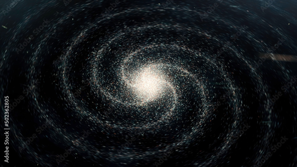 Poster abstract animation of spiral galaxy rotation in space with billion of stars on the black background.