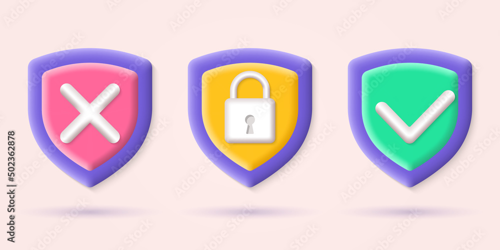 Aufkleber 3d secure and protect icons. security shields with checkmark and lock. network, internet and data pr