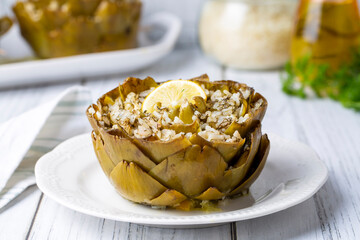 Fresh delicious stuffed artichoke, best Turkish food. Turkish name; Zeytinyagli Enginar Dolmasi
