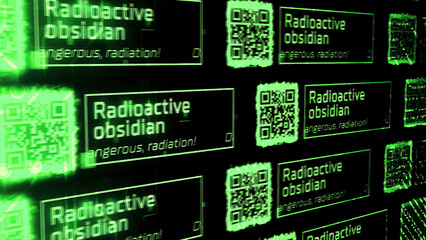 Naklejka premium Abstract qr codes and the inscription radioactive obsidian. Motion. Warning information of infected dangerous area, seamless loop.