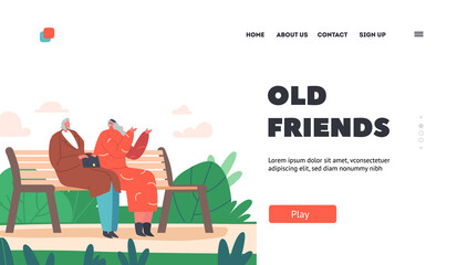 Old Friends Chatting Landing Page Template. Couple of Elderly Ladies Sitting on Bench in Park or House Yard, Communicate
