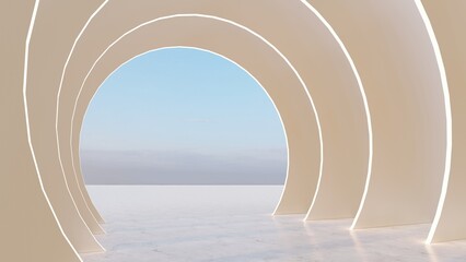 Architecture interior background glowing empty arched pass 3d render