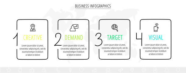 Vector line infographics with 4 rectangles. Business concept graphic process template with four steps and labels. Graphic timeline for step by step, levels, web, diagram, banner, presentations
