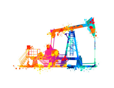 Oil derrick (pump jack). Petroleum-producing. Vector silhouette of slash paint