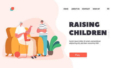 Raising Children Landing Page Template. Granny Knit Socks and Speak with Grandchild. Boy Spend Time with Grandmother
