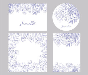 Holiday set of line art flowering Jacaranda tree. Frame and background for design wedding invite menu restaurant greeting card poster.  Blooming branches.Hand drawn illustration.