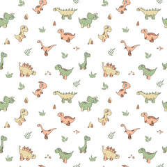 Seamless pattern with cartoon dinosaurs, leaves and stones. Vector illustration with cute children characters. For wallpaper, print, fabric, textile, kids room decor.