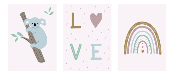 Cute set of poster nursery. Cartoon hand drawn koala, rainbow and love. Wall art decor baby. Kids print in Scandinavian style. Design game room in pastel colors. Vector illustrations of textiles © Katerina
