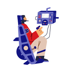 Astronaut or spaceman riding spaceship, flat vector illustration isolated.