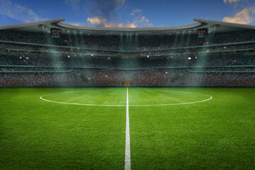 textured soccer game field with neon fog - center, midfield - obrazy, fototapety, plakaty