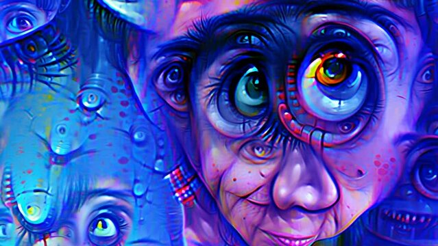 AI generated NFT crypto art of abstract face monsters painting. Cubist digital image manipulation of an artificial intelligence.Cyberart travel into the mind concept.