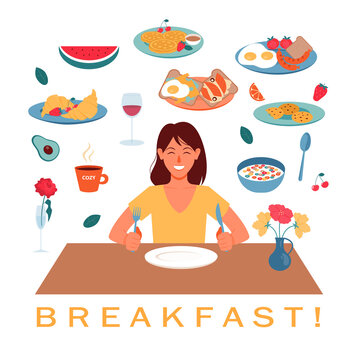 cute smiling girl with fork and knife in her hands sits at table with empty plate. Various types of breakfasts, drinks and decorations for self-composition of image. Food vector illustration.