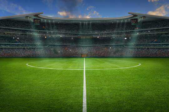 Fototapeta textured soccer game field with neon fog - center, midfield
