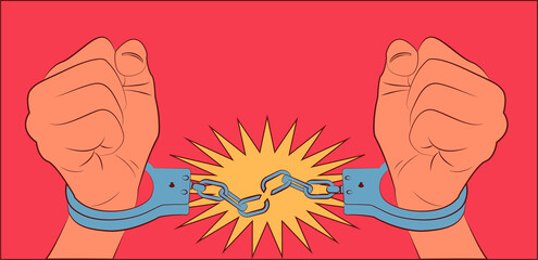 Two human hands, clenched into fists, break the handcuffs on them. Freedom concept. Retro style, line art, pop-art. Vector illustration.