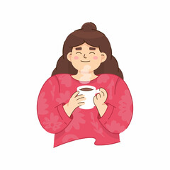 Young woman holds a cup of hot coffee in her hands. Coffee break in the office. Vector illustration isolated on a white background - 502365486