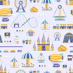 Pattern of amusement park. circus and fair with roller coasters, carousels, castle, hot air balloon. Vector illustration.
