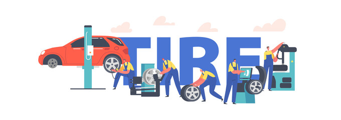 Workers Change Tires at Garage Concept. Characters Wear Uniform Mount Tyres on Car Stand on Lift at Mechanic Workshop