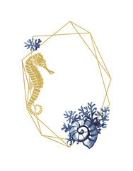 Gold polygonal frame with seahorse and algae.