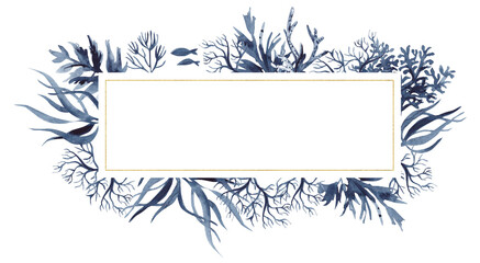 Banner with watercolor algae and indigo fish.