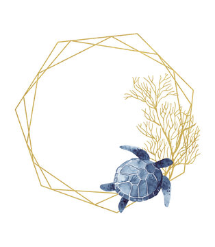 Polygonal frame with golden texture and watercolor turtle in indigo color. Marine theme invitations, postcards.