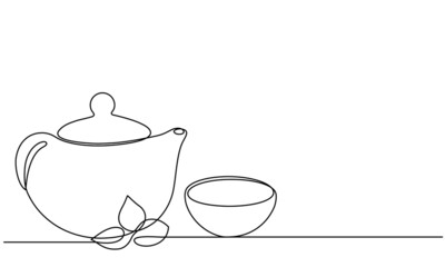 Teapot and cup. Continuous line drawing. Sketch. Tea leaf. Continuous line drawing. Sketch. Herb tea.