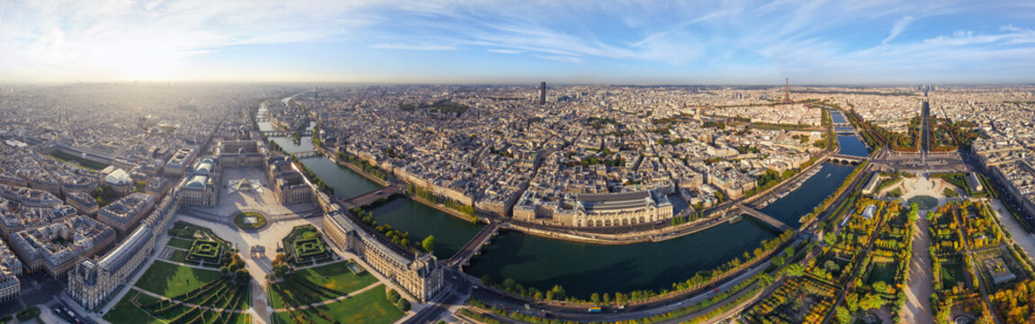 Panoramic aerial view of Paris downtown along Seine river, France.