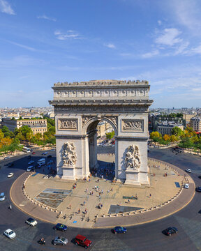 Panoramic aerial view of Arch of Triumph, Paris Champs Elys&eacute;es, France.