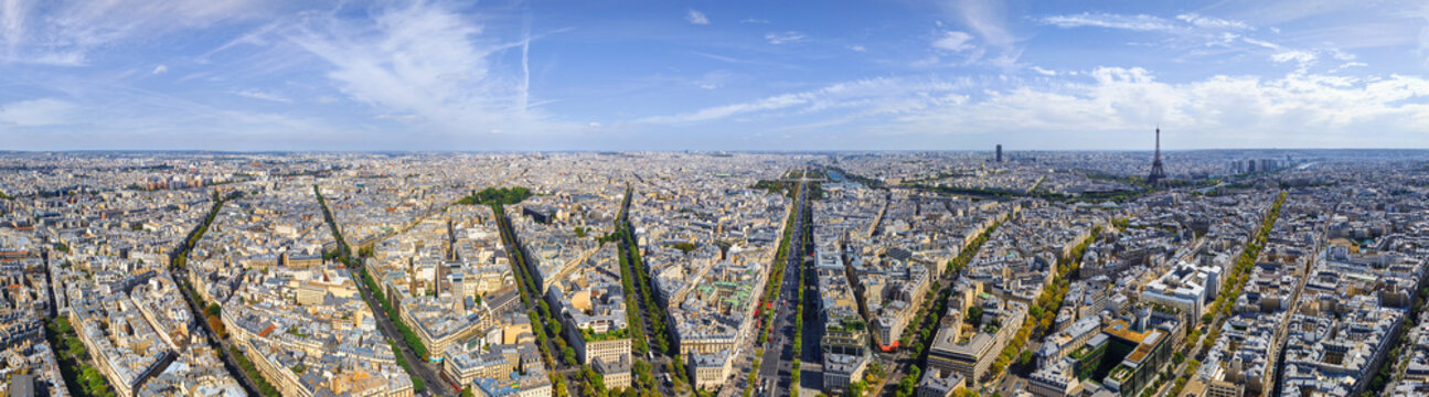 Panoramic aerial view of Paris downtown from Charles de Gaulle, Paris, France.